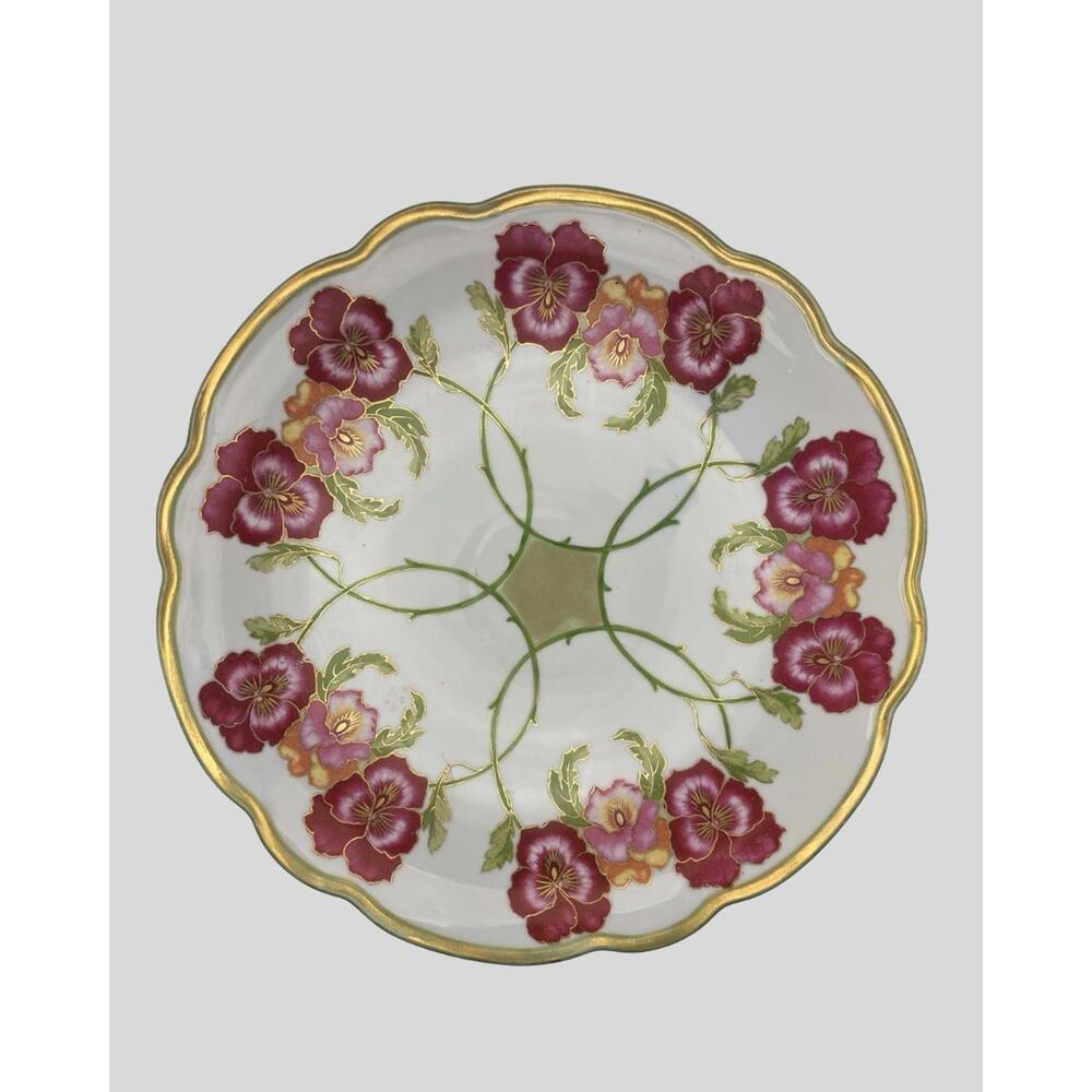 Antique MZ Austria Hand Painted Pansy Plate 12.5" Gold Gilt Art Nouveau